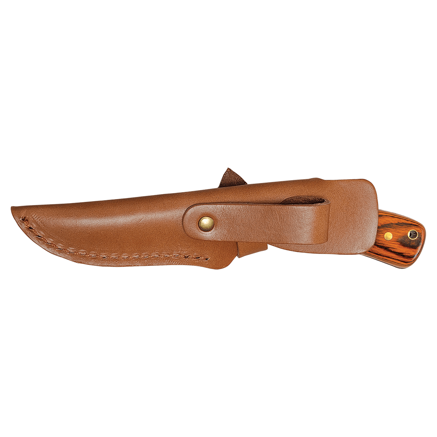 Fixed blade knife with tan leather sheath and striped wood handle with brass pin
