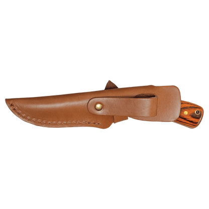 Fixed blade knife with tan leather sheath and striped wood handle with brass pin