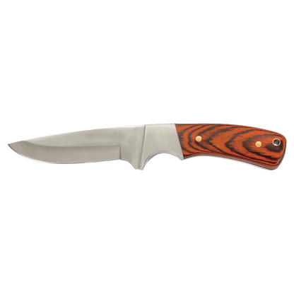 Fixed blade knife with stainless blade and striped wood handle