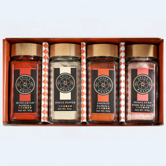 Spice jars gift set with Hungarian paprika, white pepper, smoked paprika, pink sea salt