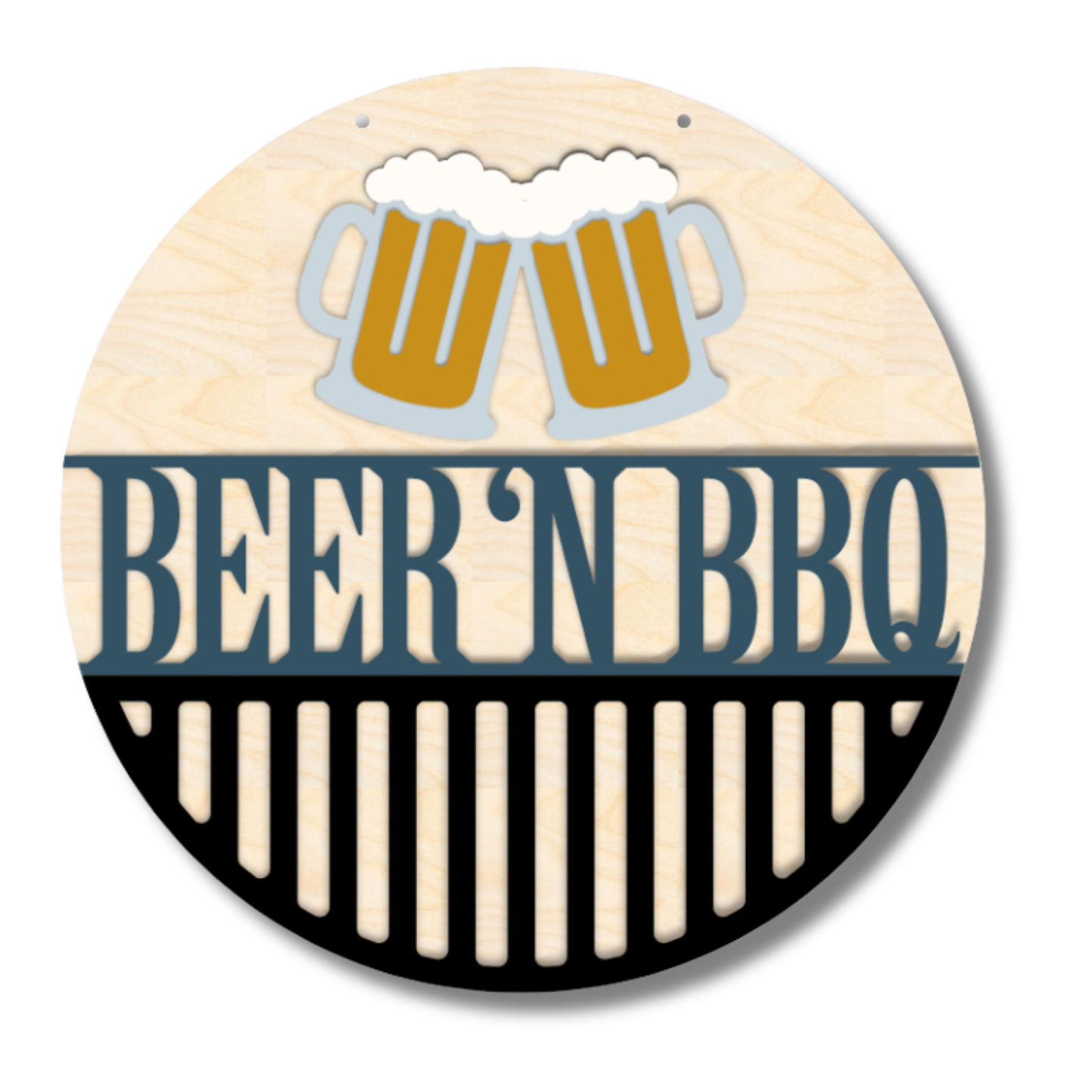 Round wood door sign kit showing beer mug and “BEER N BBQ” text with darker accents