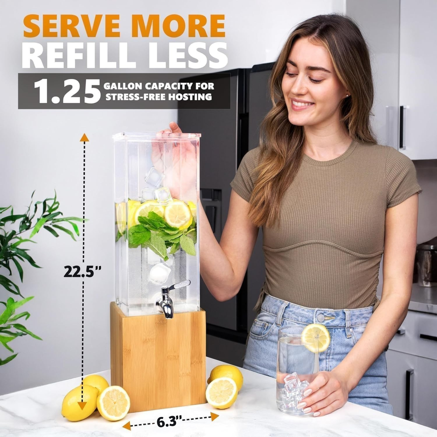 Acrylic beverage dispenser with bamboo stand, clear ice core, chrome spigot shown in use