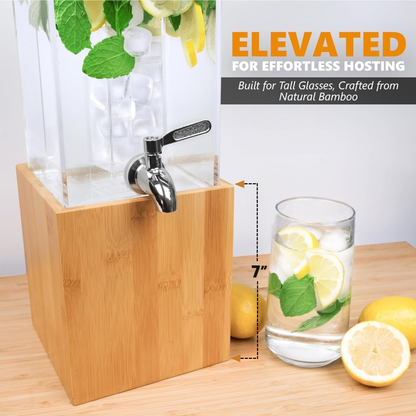 Bamboo beverage dispenser with chrome spigot and clear acrylic tower
