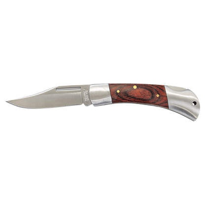 Folding knife with red wood handle and stainless clip-point blade