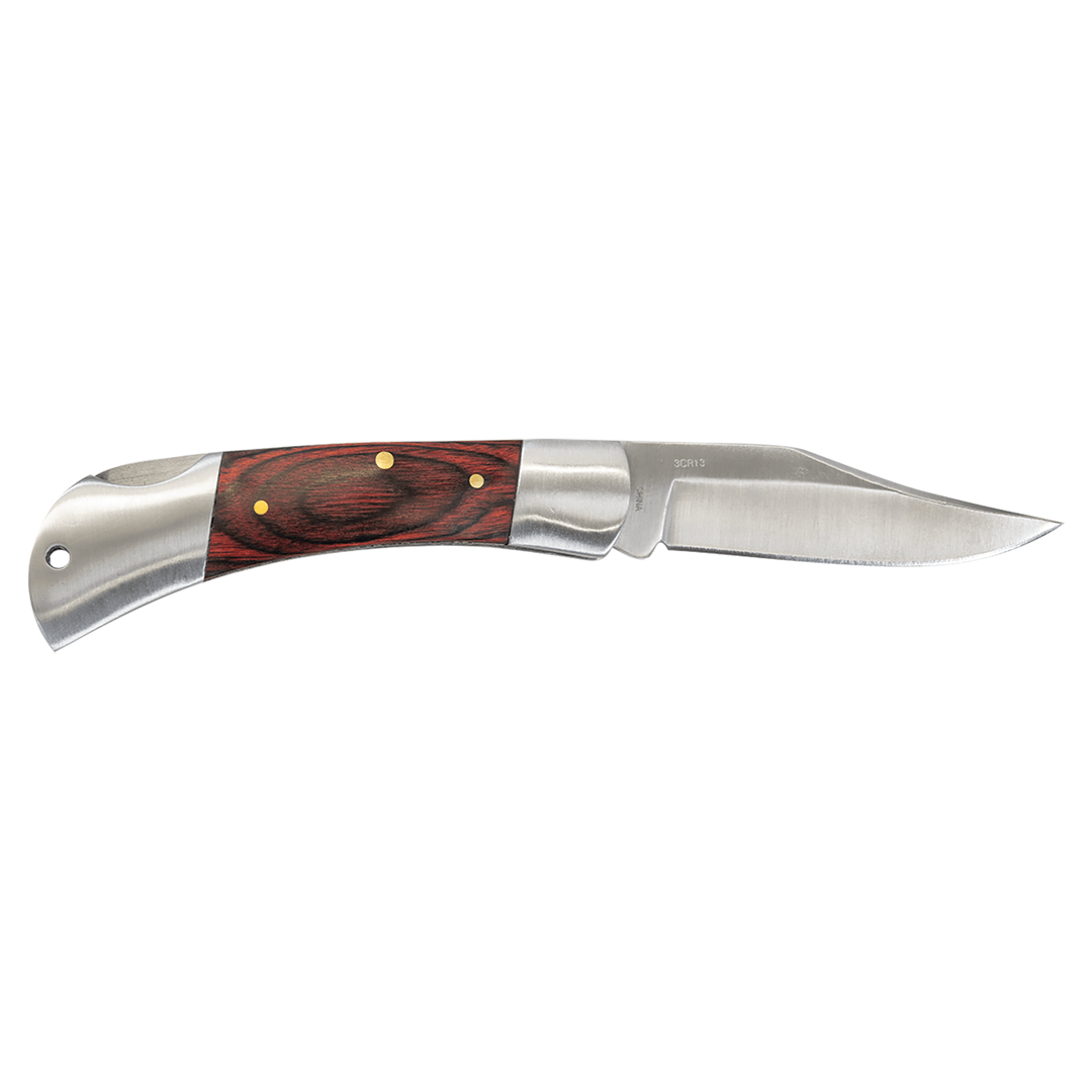Folding knife with red wood handle and angled stainless blade in open position