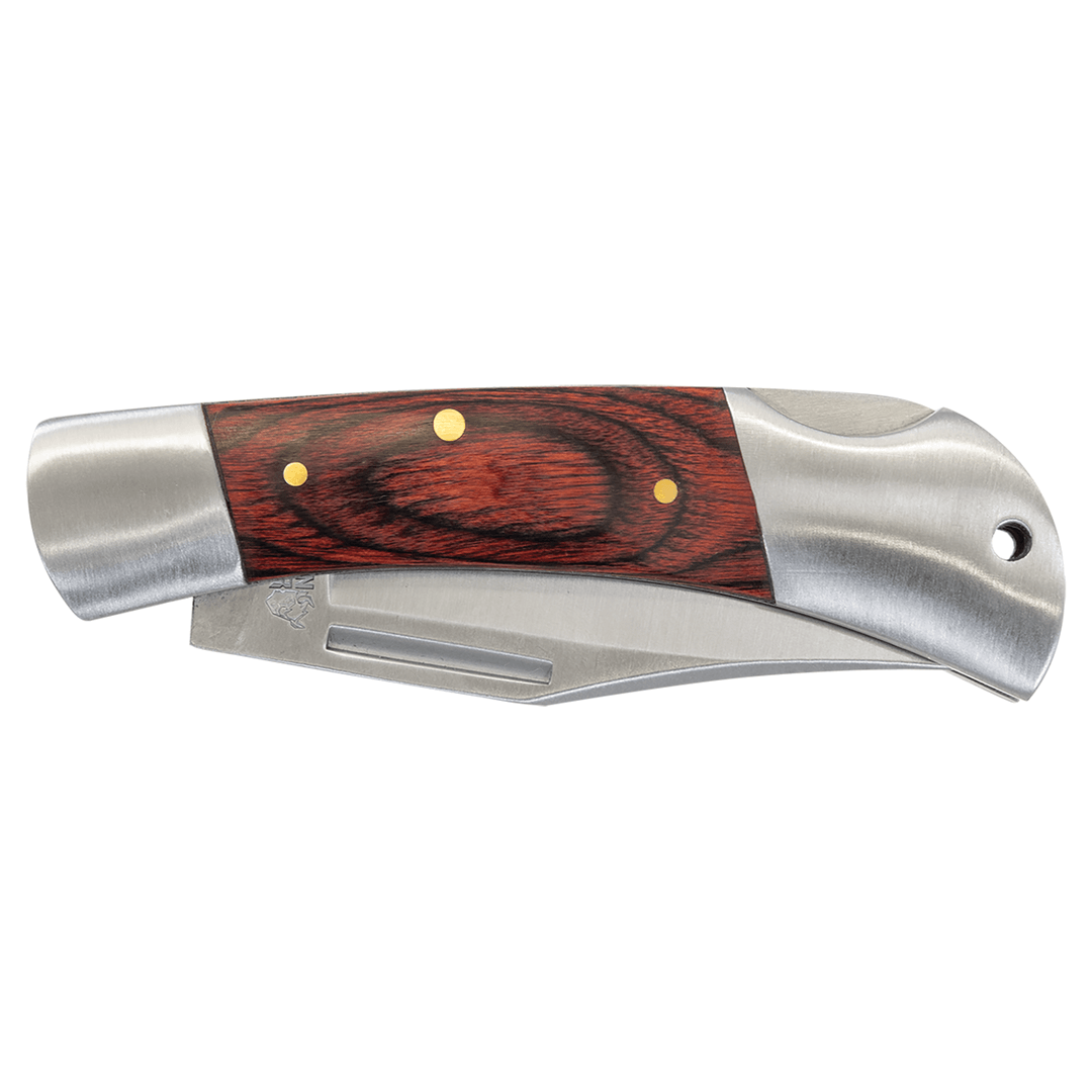 Folding knife with dark red wood handle, brass pins, and stainless blade