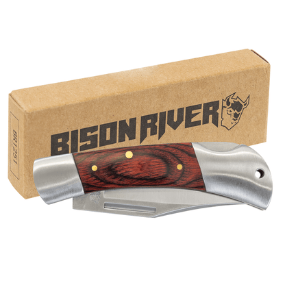Folding knife with dark red wood handle and stainless steel folded blade