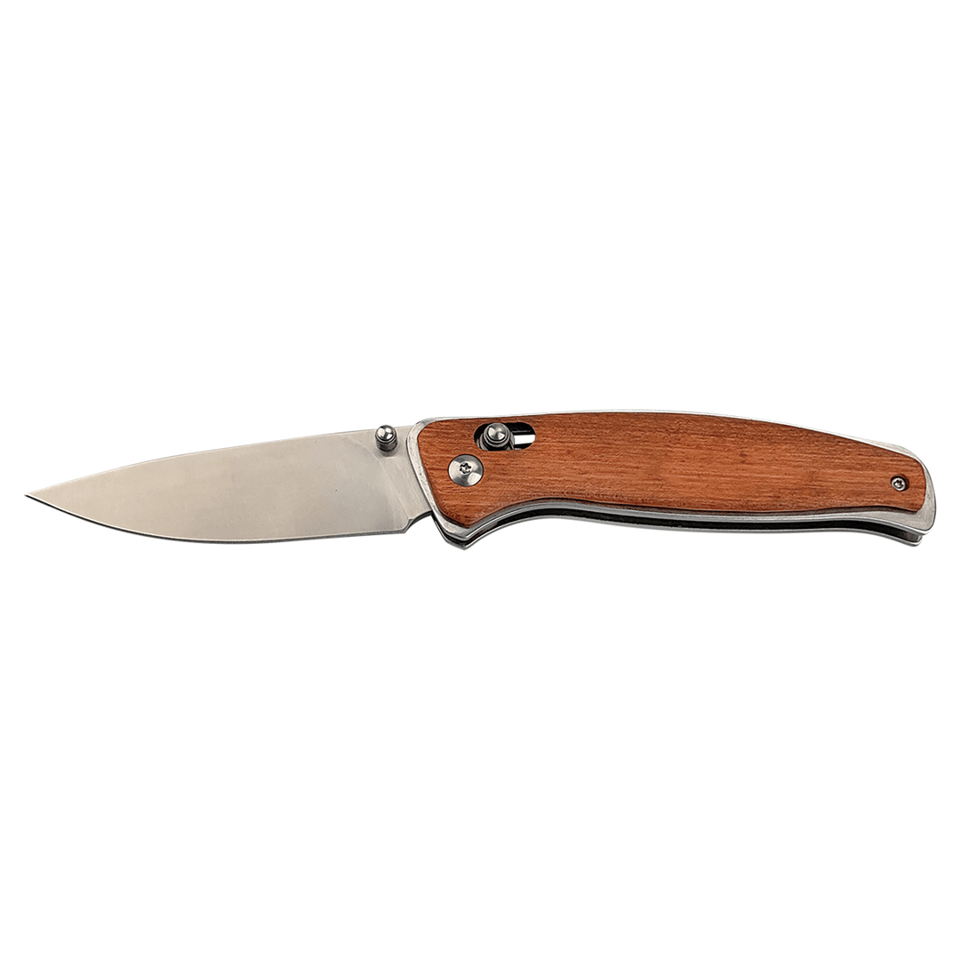 Wood-handled folding knife with stainless blade and visible lock mechanism