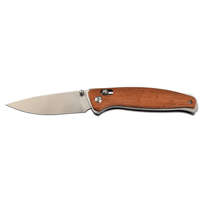 Wood-handled folding knife with stainless blade and visible lock mechanism