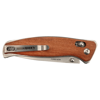 Wood-handled button-lock folding knife with stainless blade