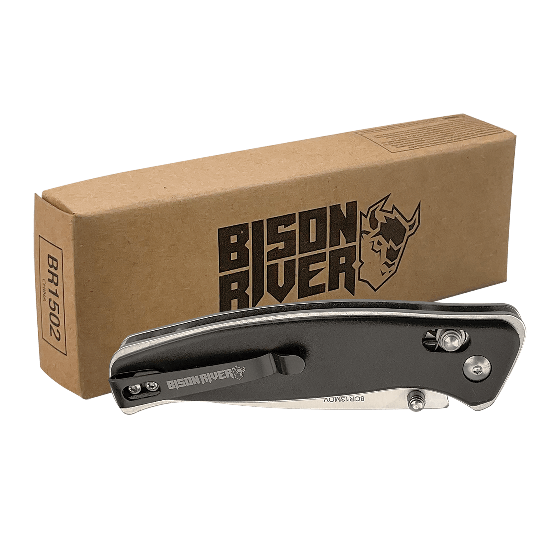 Folding knife with black button-lock handle and stainless clip blade