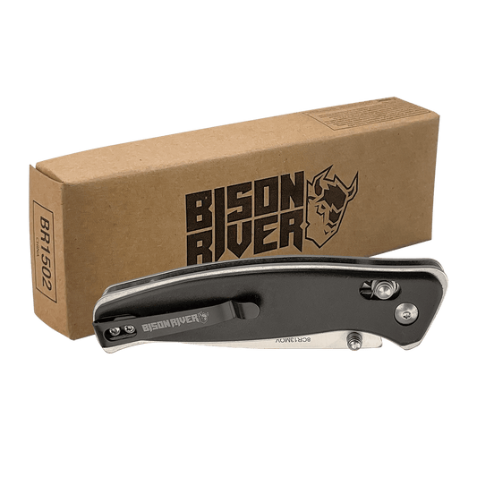 Folding knife with black button-lock handle and stainless clip blade