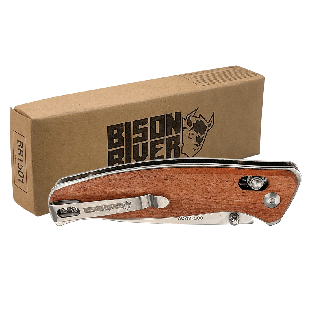 Folding knife with wood button-lock handle and stainless clip blade
