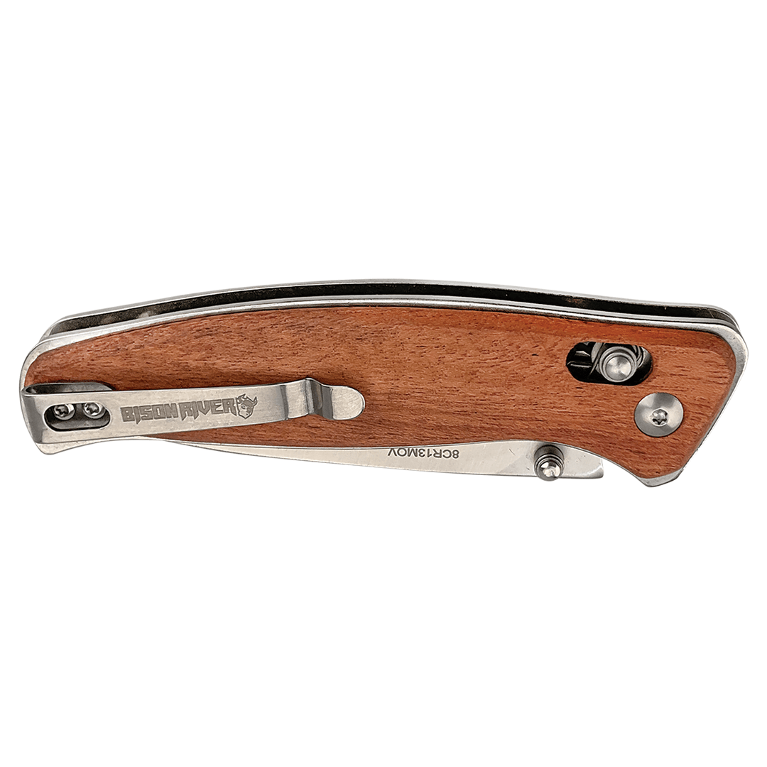 Wood button-lock folding knife with stainless blade and side lock hardware