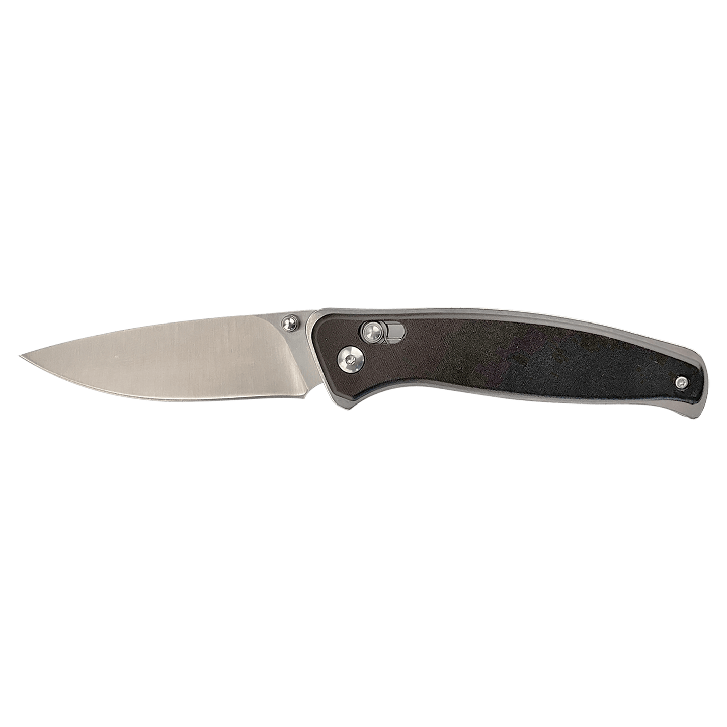 Button-lock folding knife with dark handle and partially open stainless blade