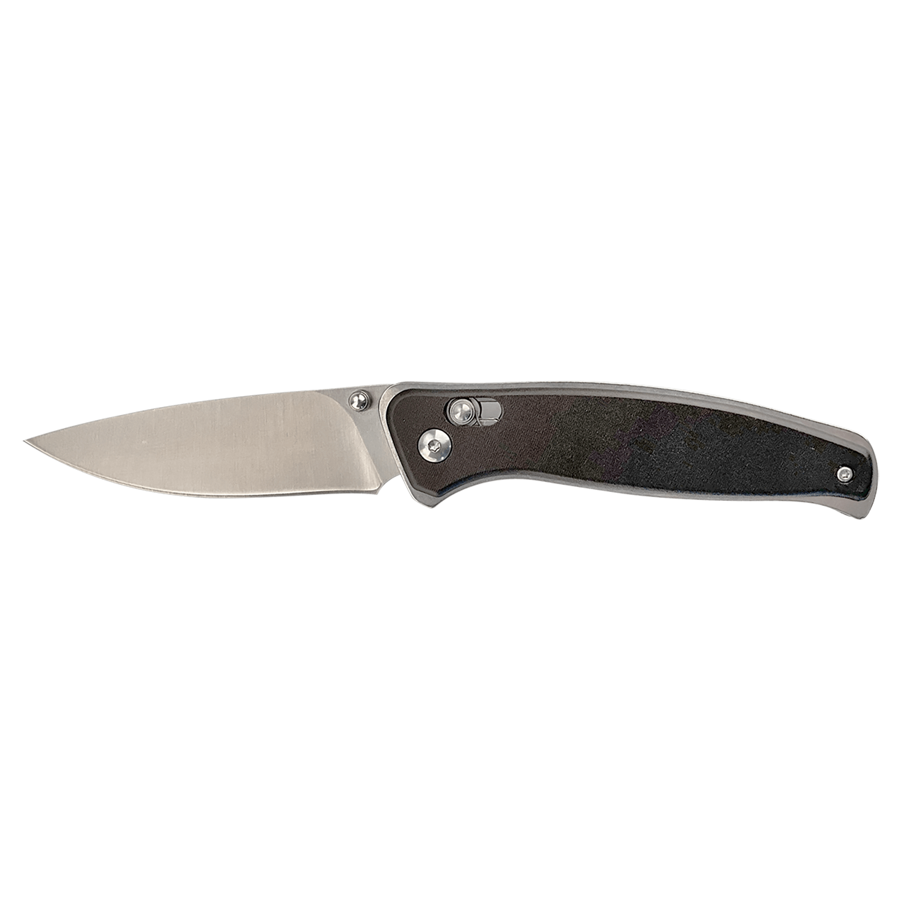 Button-lock folding knife with dark handle and partially open stainless blade