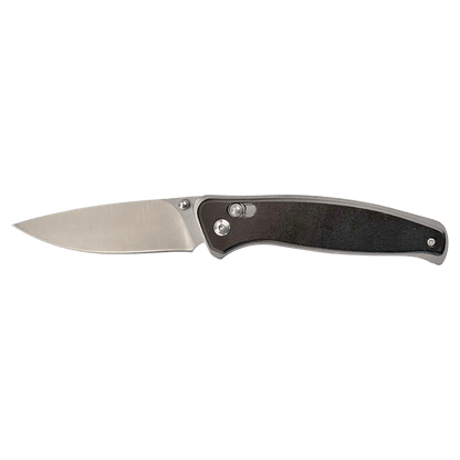 Button-lock folding knife with dark handle and partially open stainless blade