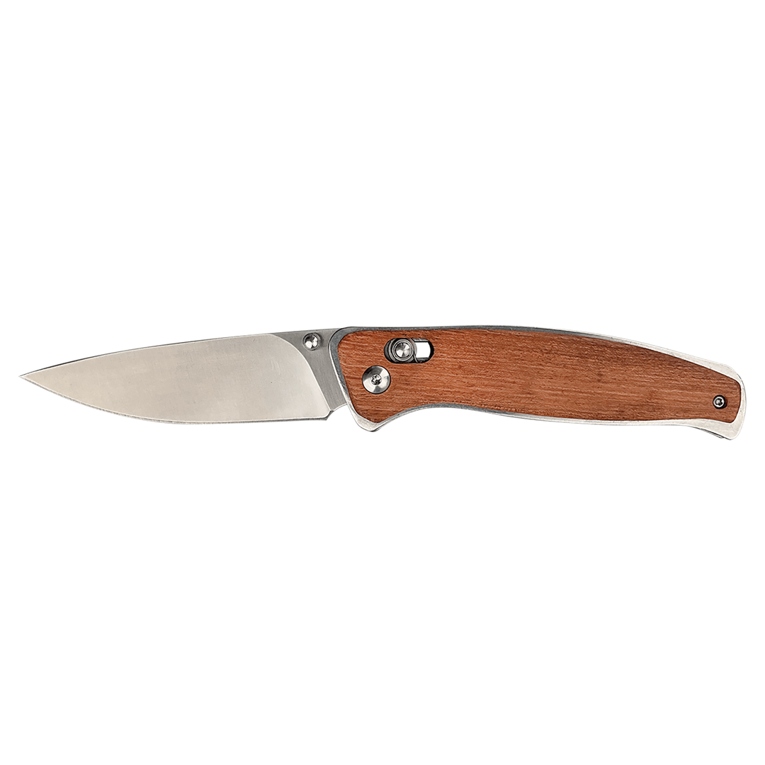 Wood-handled button-lock folding knife with stainless blade and pocket clip