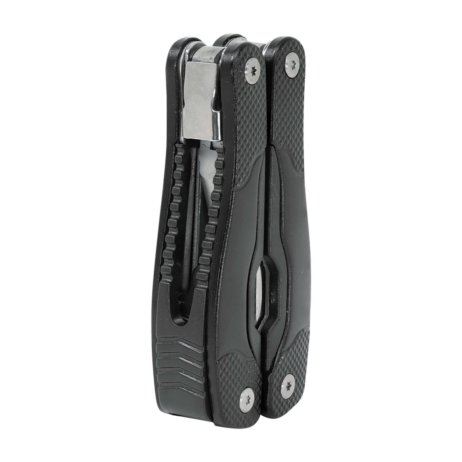 Folded black 13-function multi-tool in black nylon sheath with textured grips.