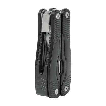 Folded black 13-function multi-tool in black nylon sheath with textured grips.