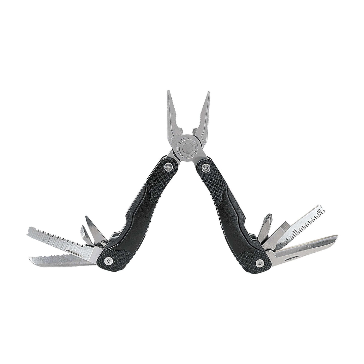 Black 13-function multi-tool with folding pliers, blades, and wire cutter.