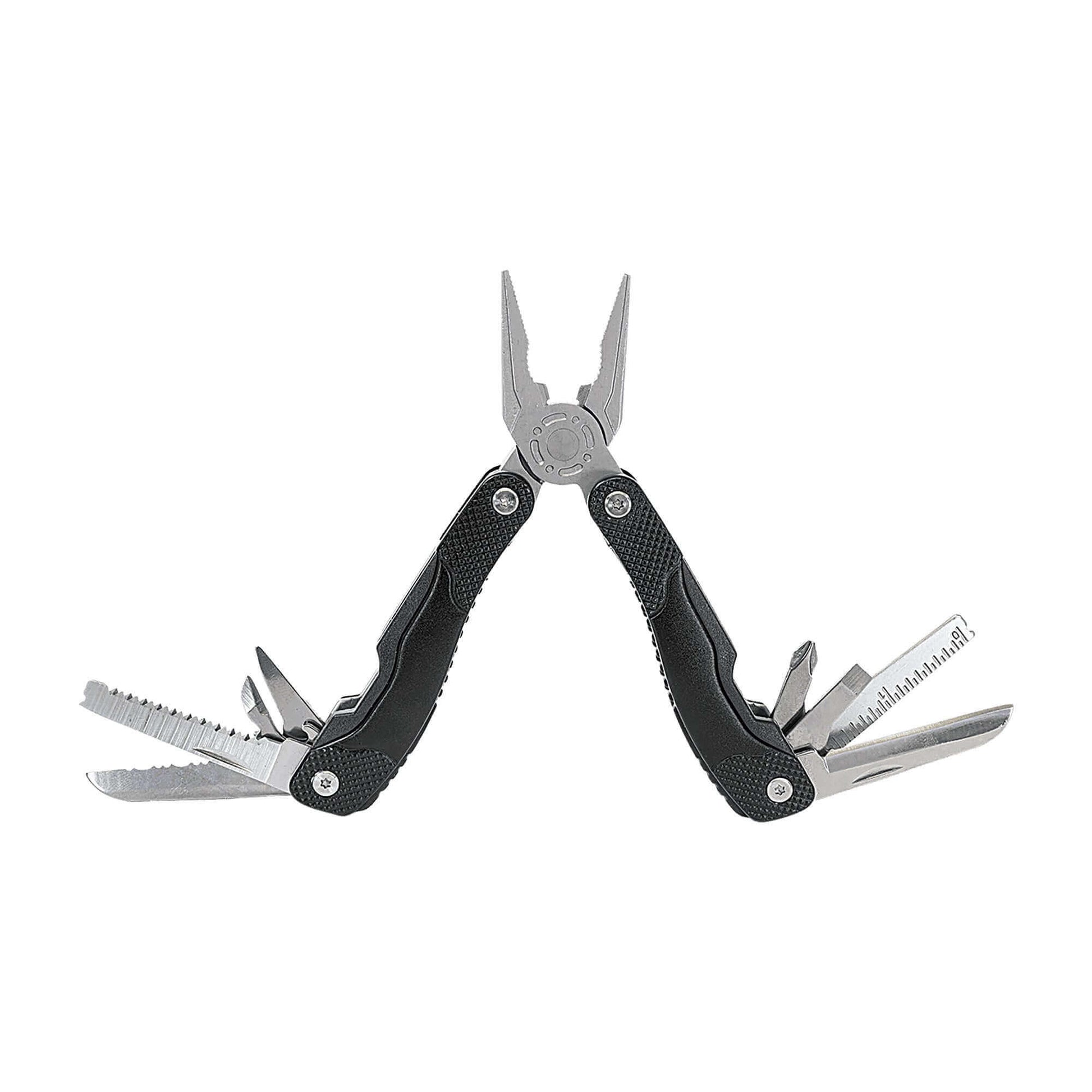 Black 13-function multi-tool with folding pliers, blades, and wire cutter.