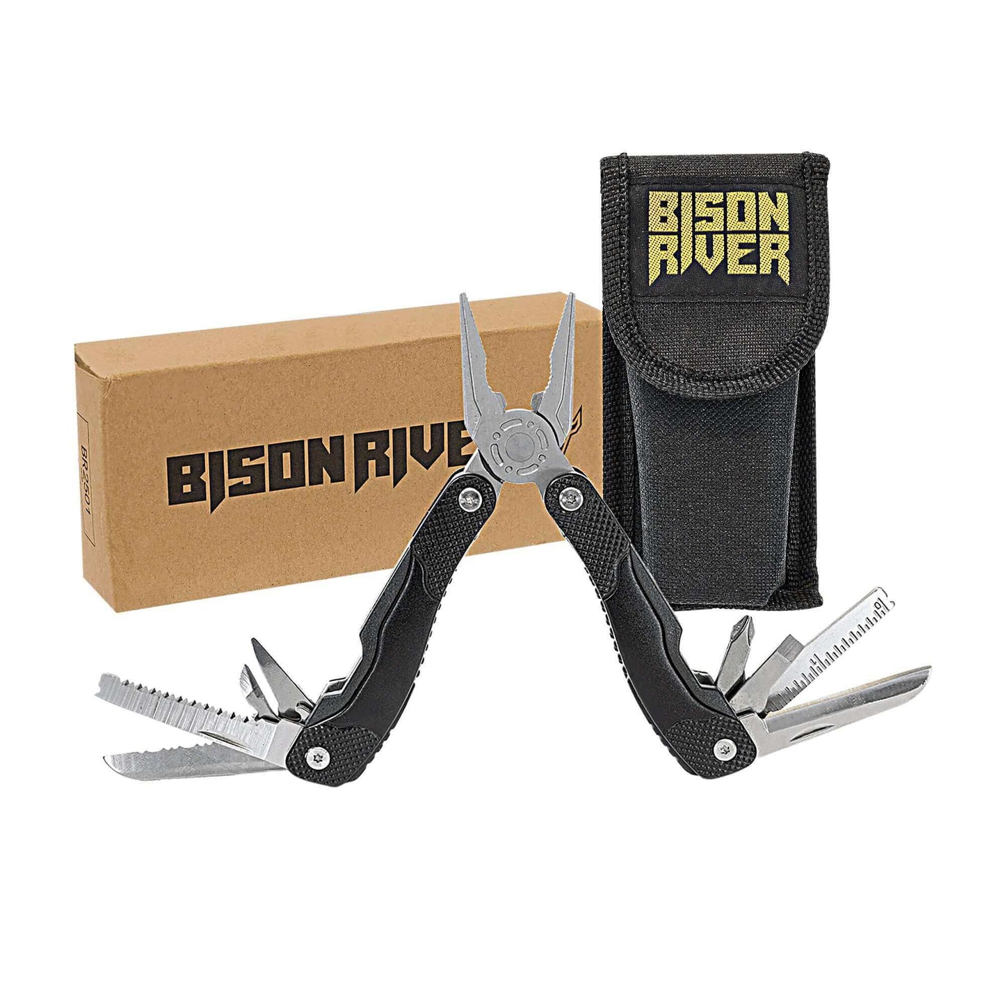 Black 13-function multi-tool with nylon sheath, with BISON RIVER logo on pouch.