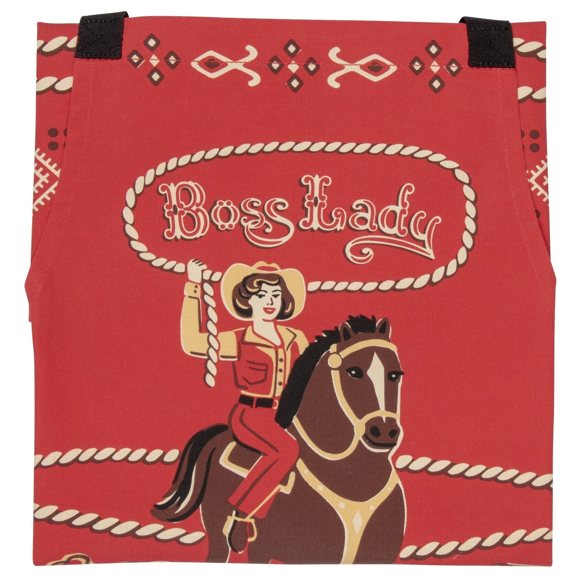 Red Boss Lady apron top view with cowgirl and horse illustration, black neck straps