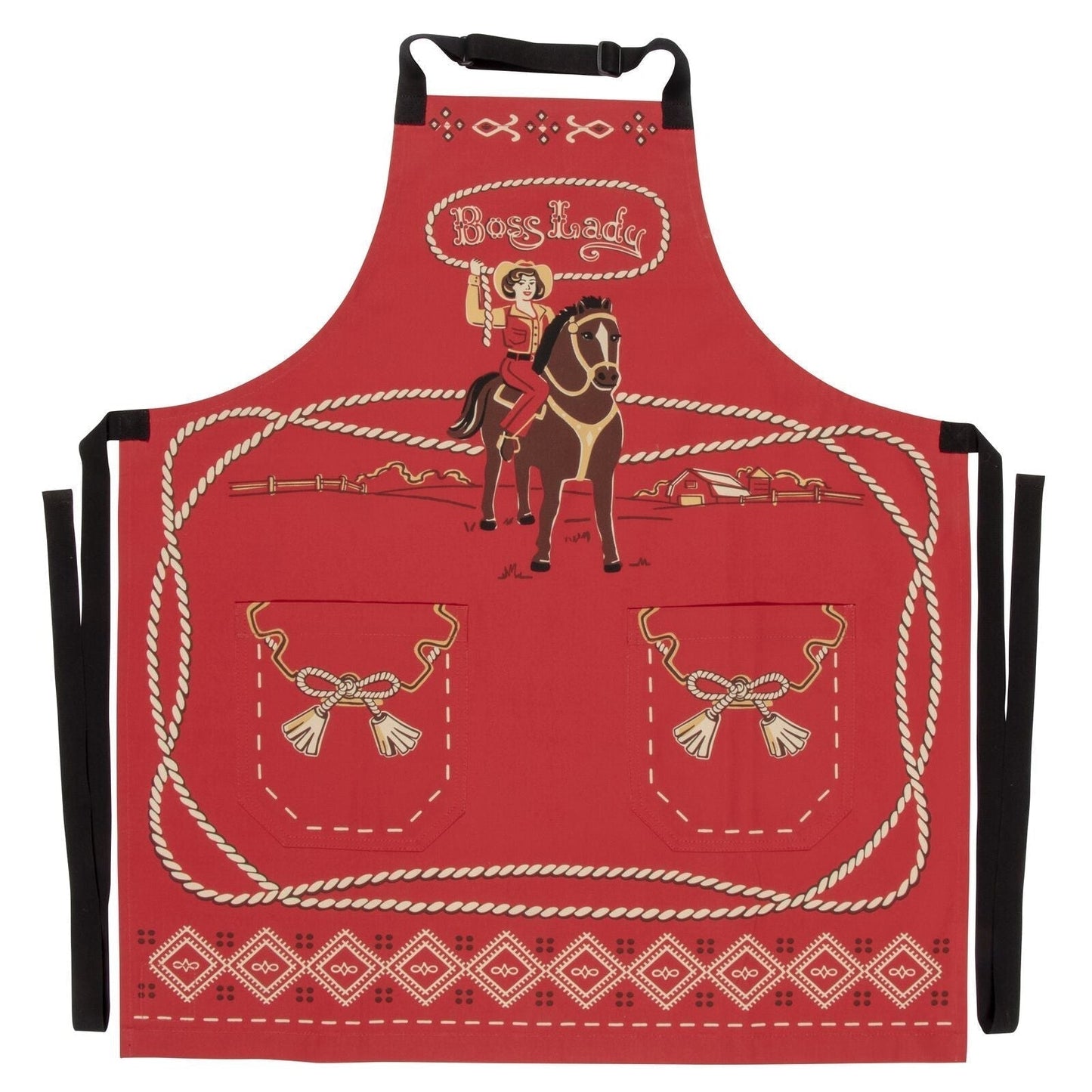 Red Boss Lady cowgirl BBQ apron with cowboy-horse print and front pockets