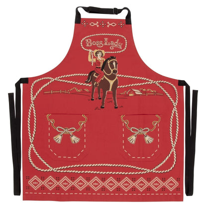 Red Boss Lady cowgirl BBQ apron with cowboy-horse print and front pockets