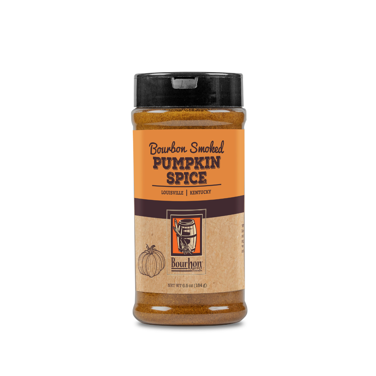 Smoked pumpkin spice shaker jar with black flip-top lid and orange label