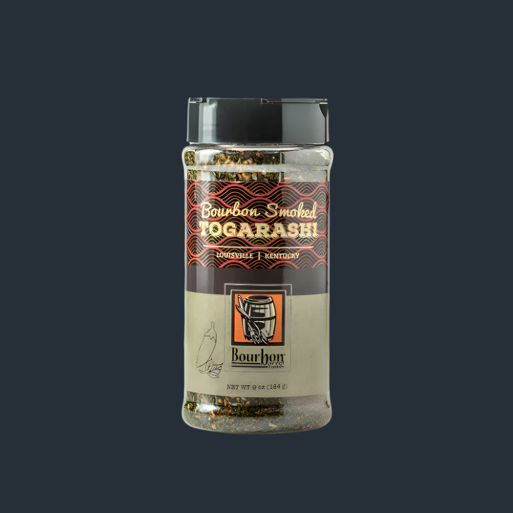 Bourbon smoked togarashi seasoning jar with label and clear shaker top
