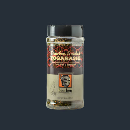 Bourbon smoked togarashi seasoning jar with label and clear shaker top