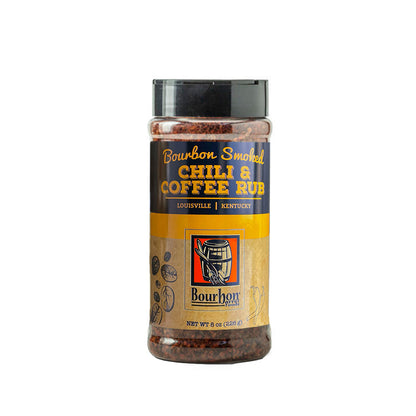 Bourbon smoked chili and coffee rub shaker bottle with red-brown spice granules