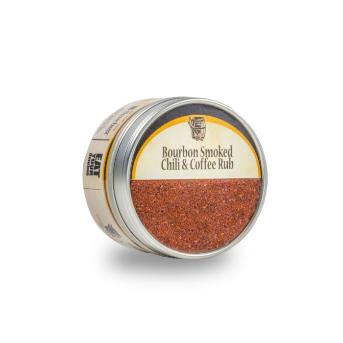 Bourbon smoked chili and coffee rub in round metal jar, red-brown spice top