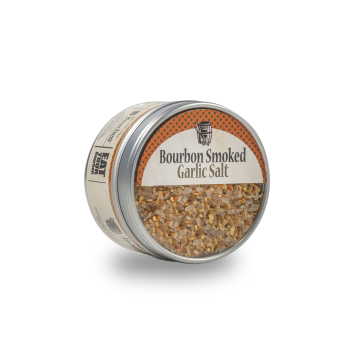 Seasoned garlic salt jar with orange label reading Bourbon Smoked Garlic Salt