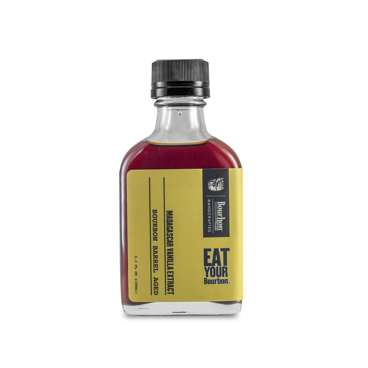 Vanilla extract bottle with dark cap, amber-burgundy liquid, and front label