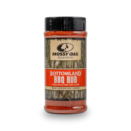 Mossy Oak Bottomland BBQ Rub seasoning bottle with orange-red label