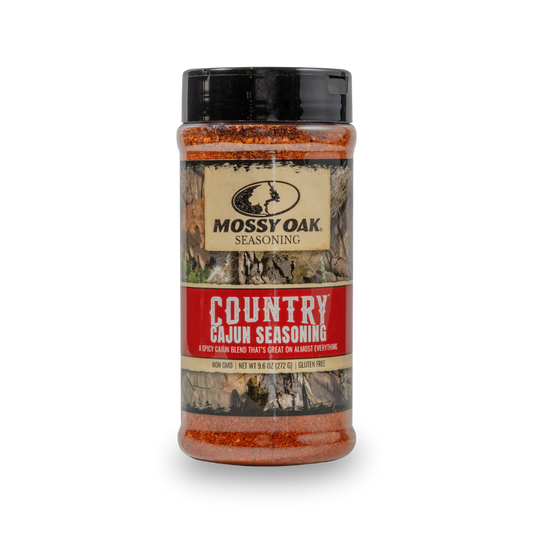Mossy Oak Country Cajun seasoning bottle with red and orange spice label