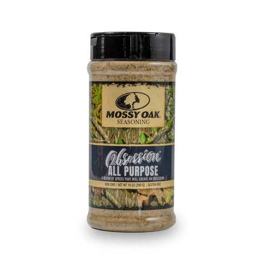 Mossy Oak all-purpose seasoning bottle with black cap and camo label