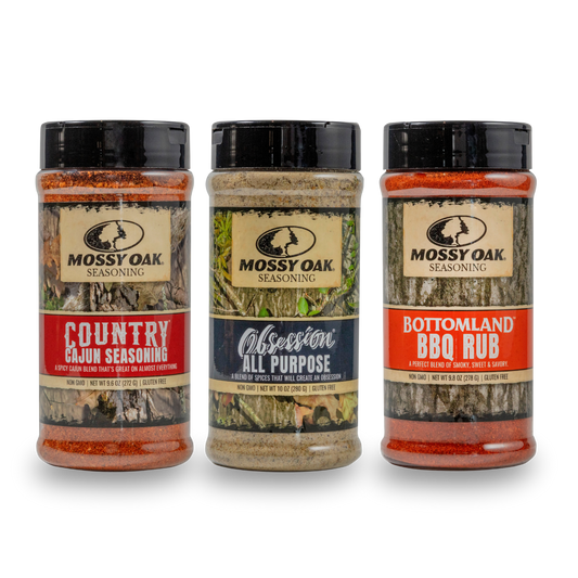 Mossy Oak seasoning bundle set of three spice jars with black lids, assorted blends