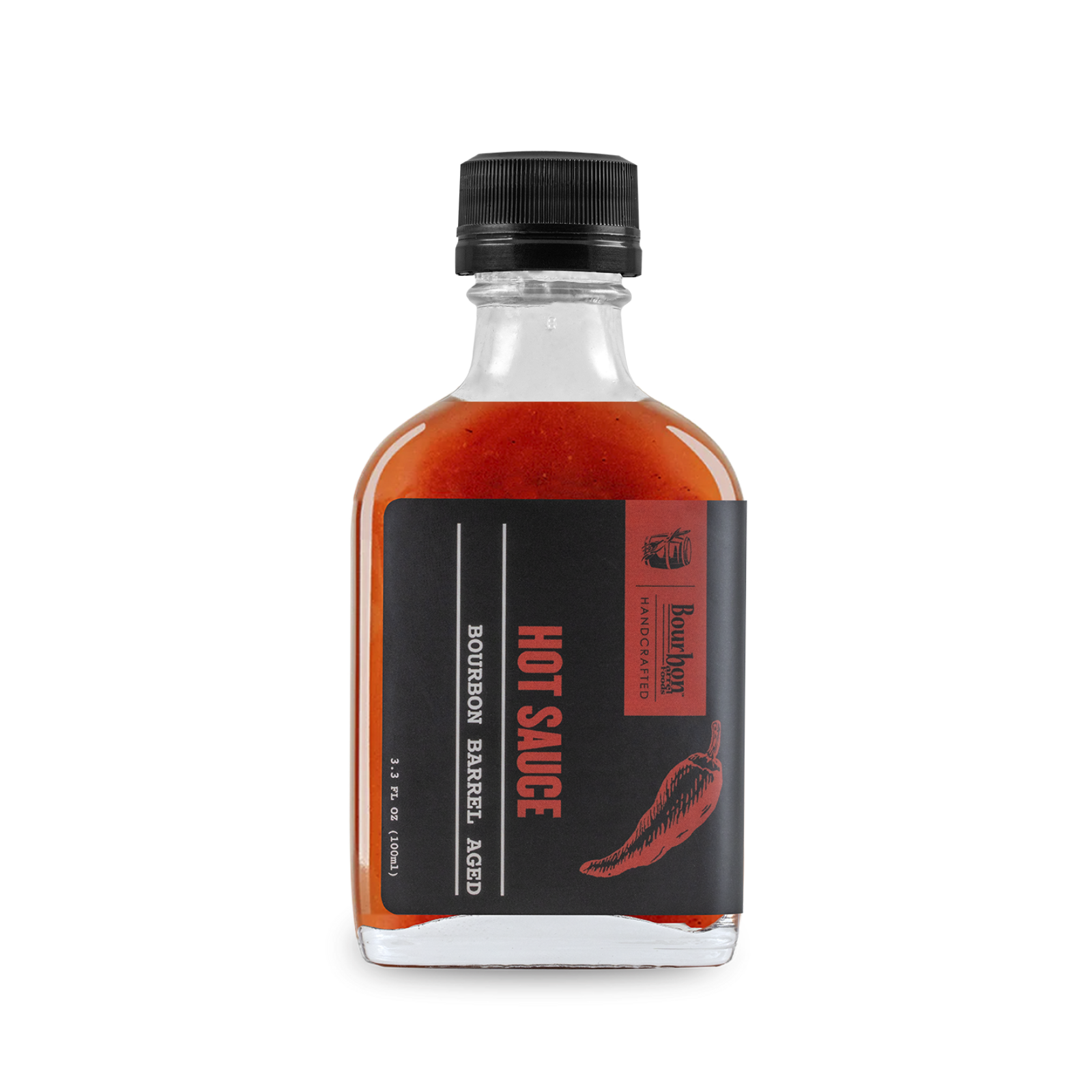 Bourbon barrel-aged hot sauce bottle with red liquid and black label