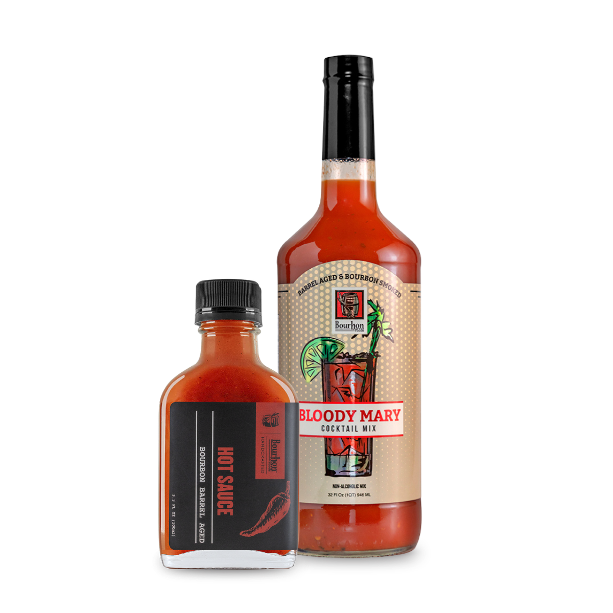 Bloody Mary cocktail mix bottle and hot sauce bottle, black caps