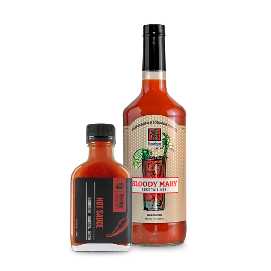 Bloody Mary cocktail mix bottle and hot sauce bottle, black caps