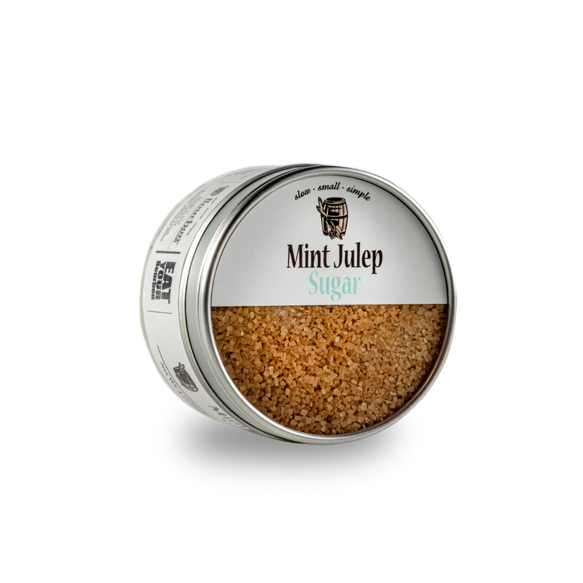 Open metal sugar tin with granules and printed lid label