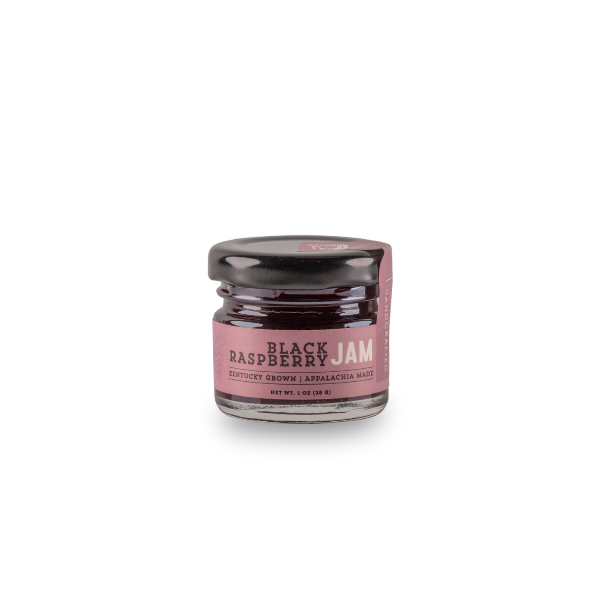 Black raspberry jam jar with pink label and dark filling