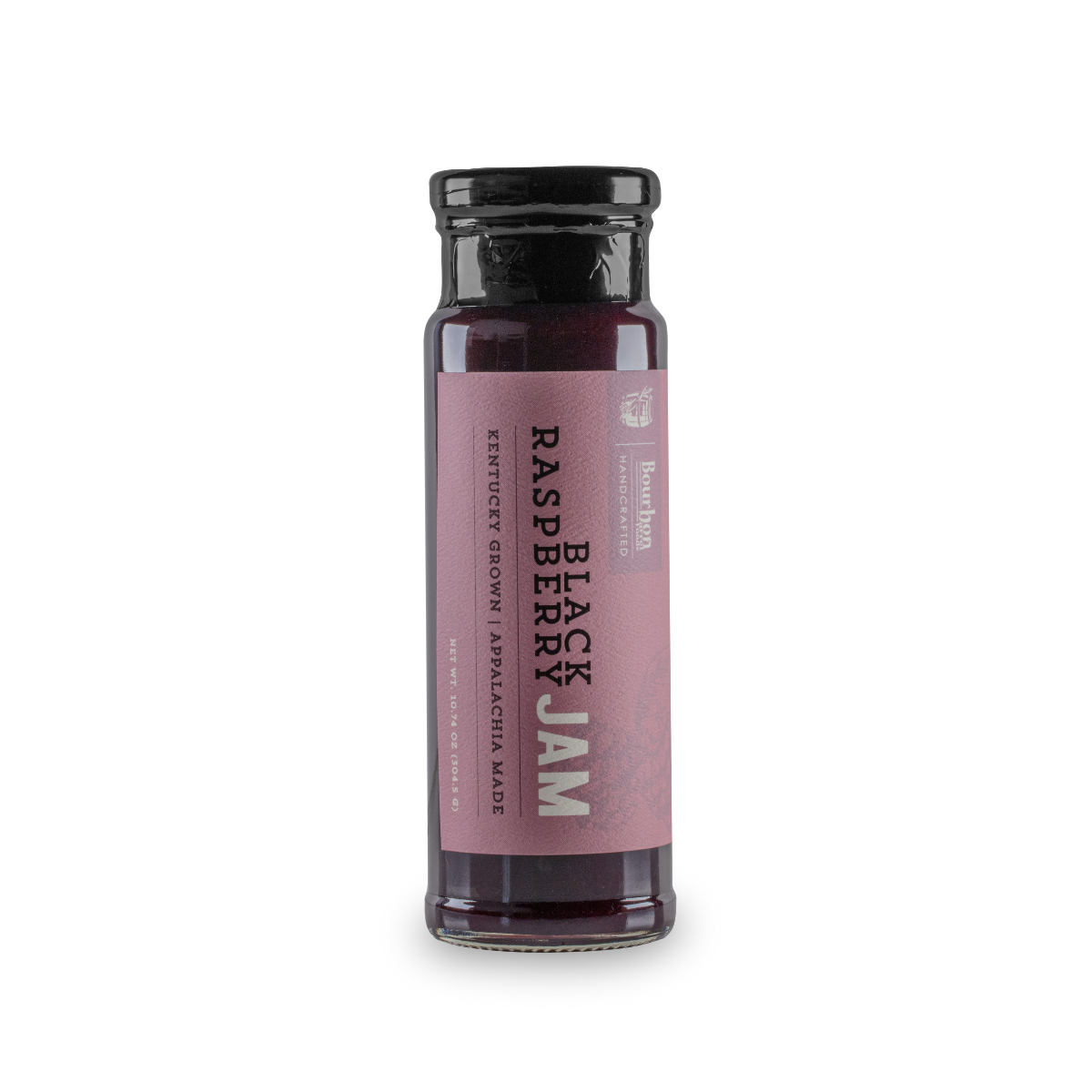 Black raspberry jam bottle with pink label and dark purple berry filling