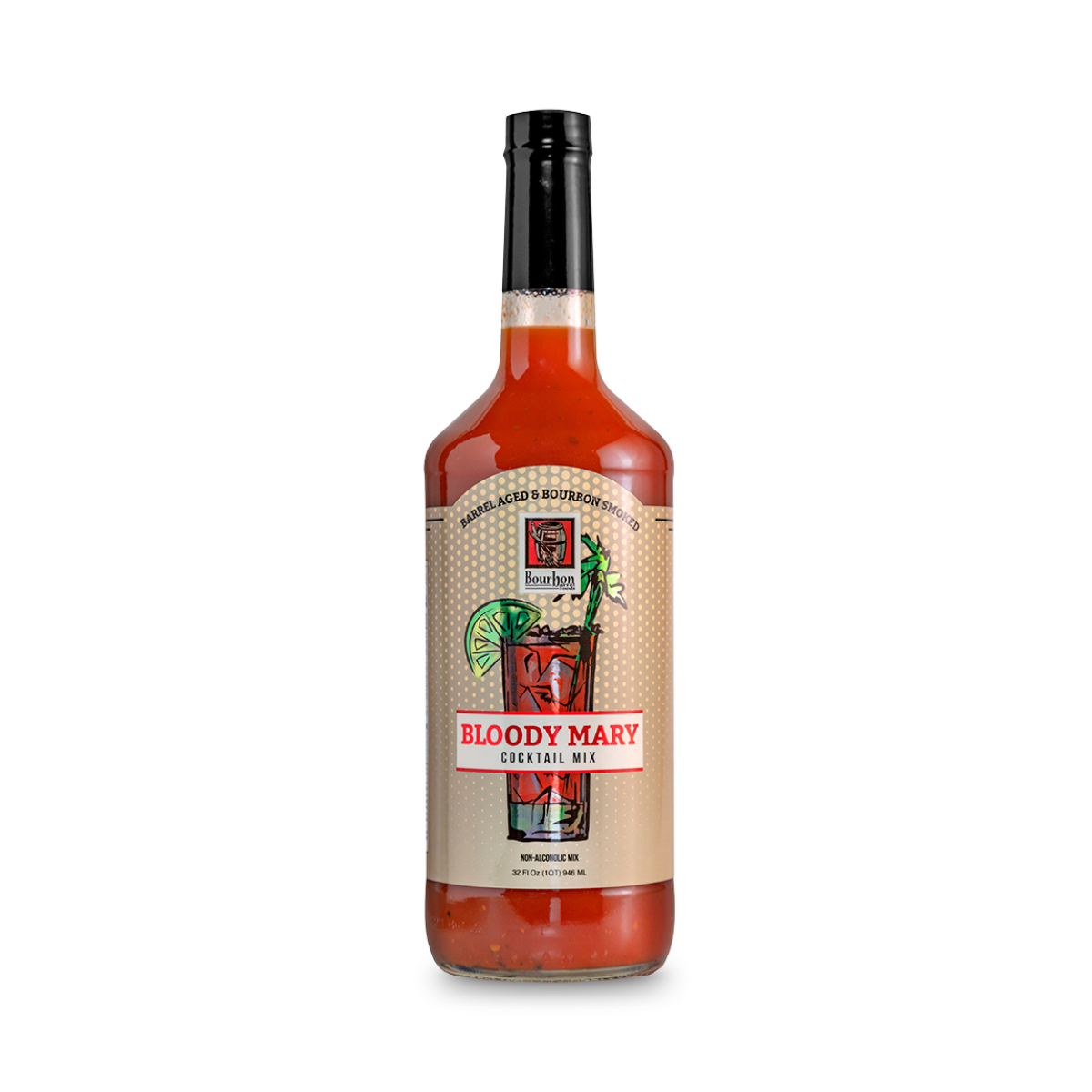 Bloody Mary cocktail mix bottle, dark cap, label with red text