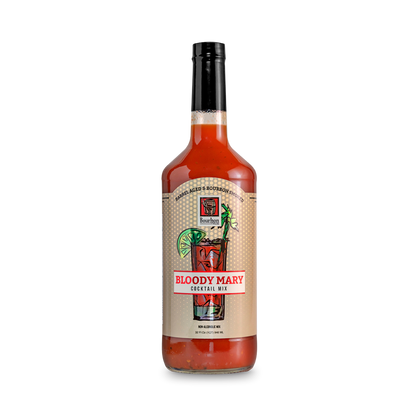 Bloody Mary cocktail mix bottle, dark cap, label with red text