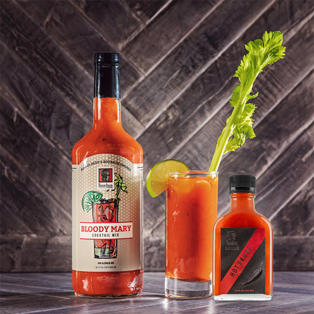 Bloody Mary cocktail mix bottle and hot sauce bottle, red label panels